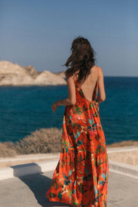 catherine gee Symi Maxi Dress in orange tropical - women's dress - detail view