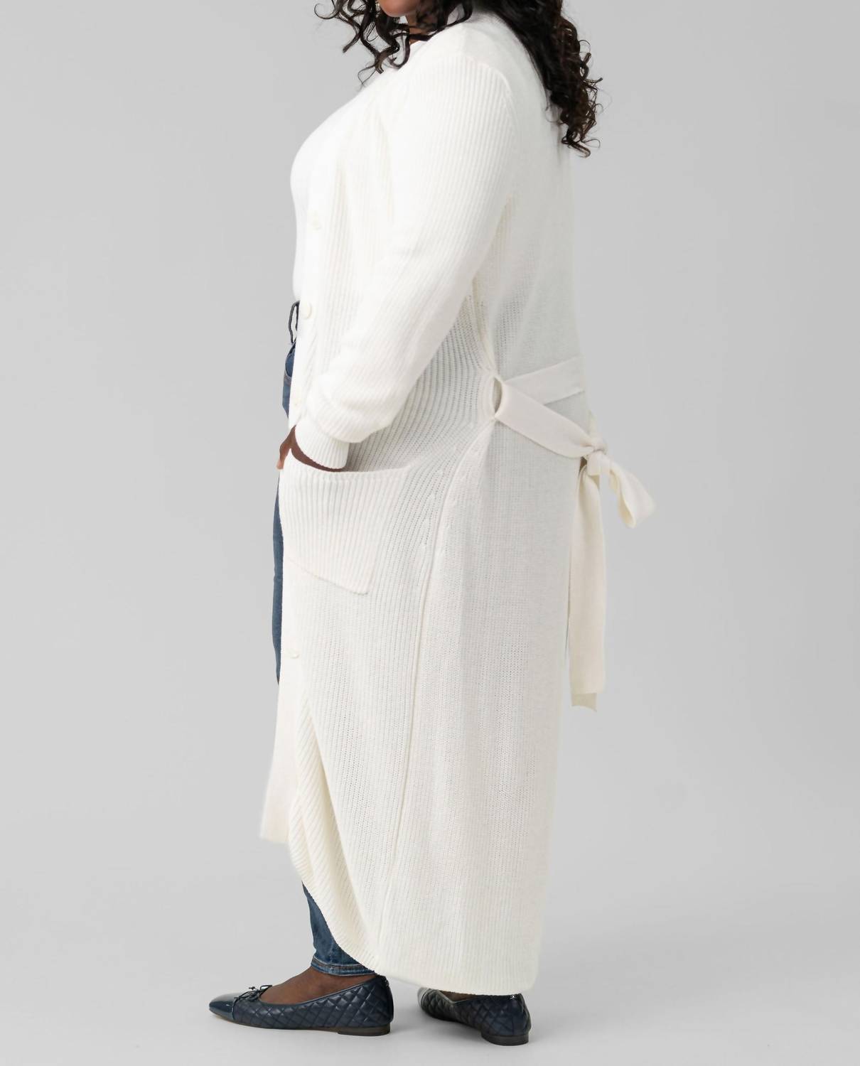 Minnie Rose - Cotton / Cashmere Belted Ribbed Long Cardigan - Plus Size