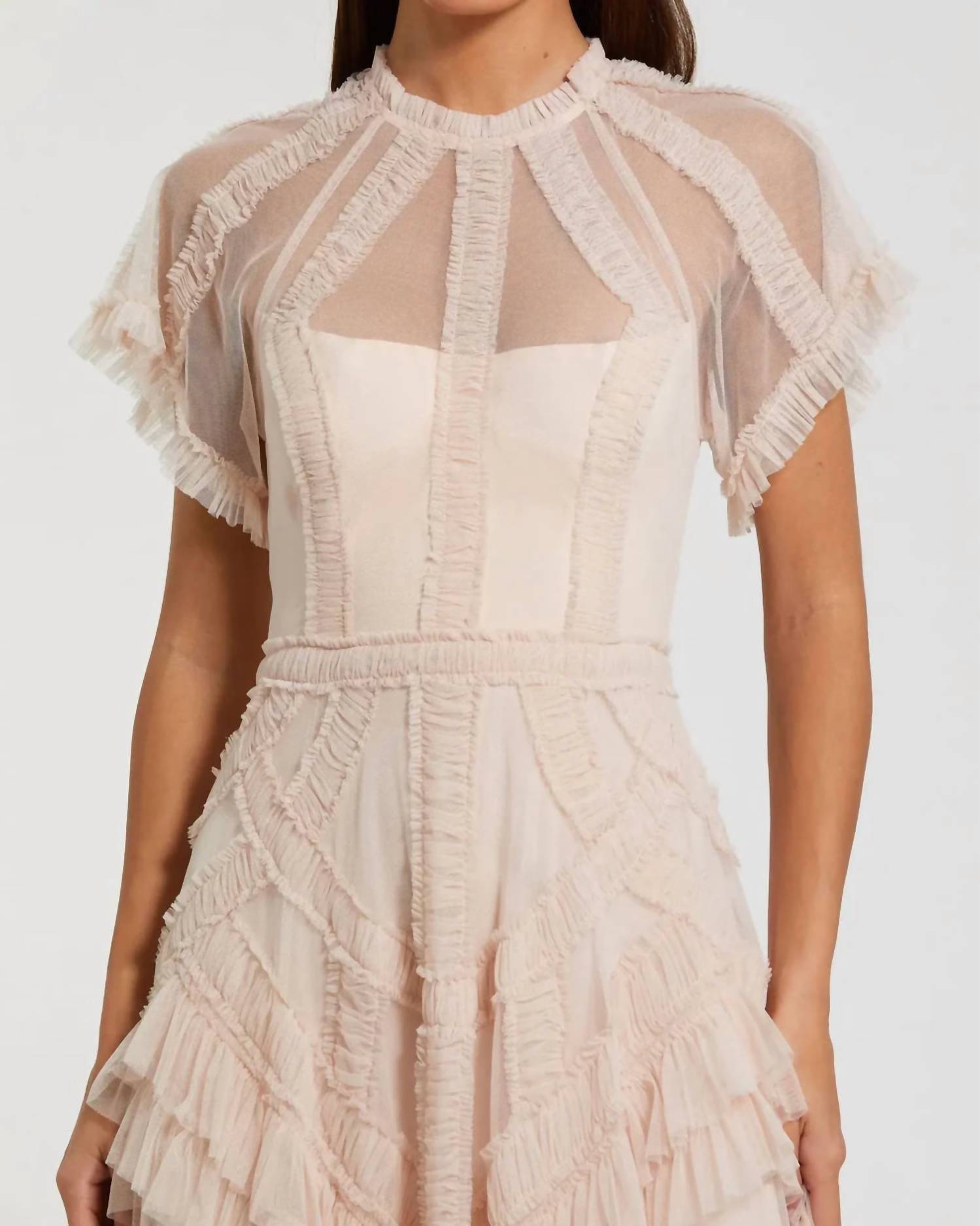 Mac Duggal - Flutter Sleeve Micro Ruffle Midi Dress