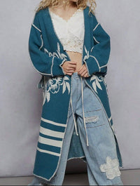 POL Long Floral Wrap Cardigan With Belt in blue - women's cardigan - view 5