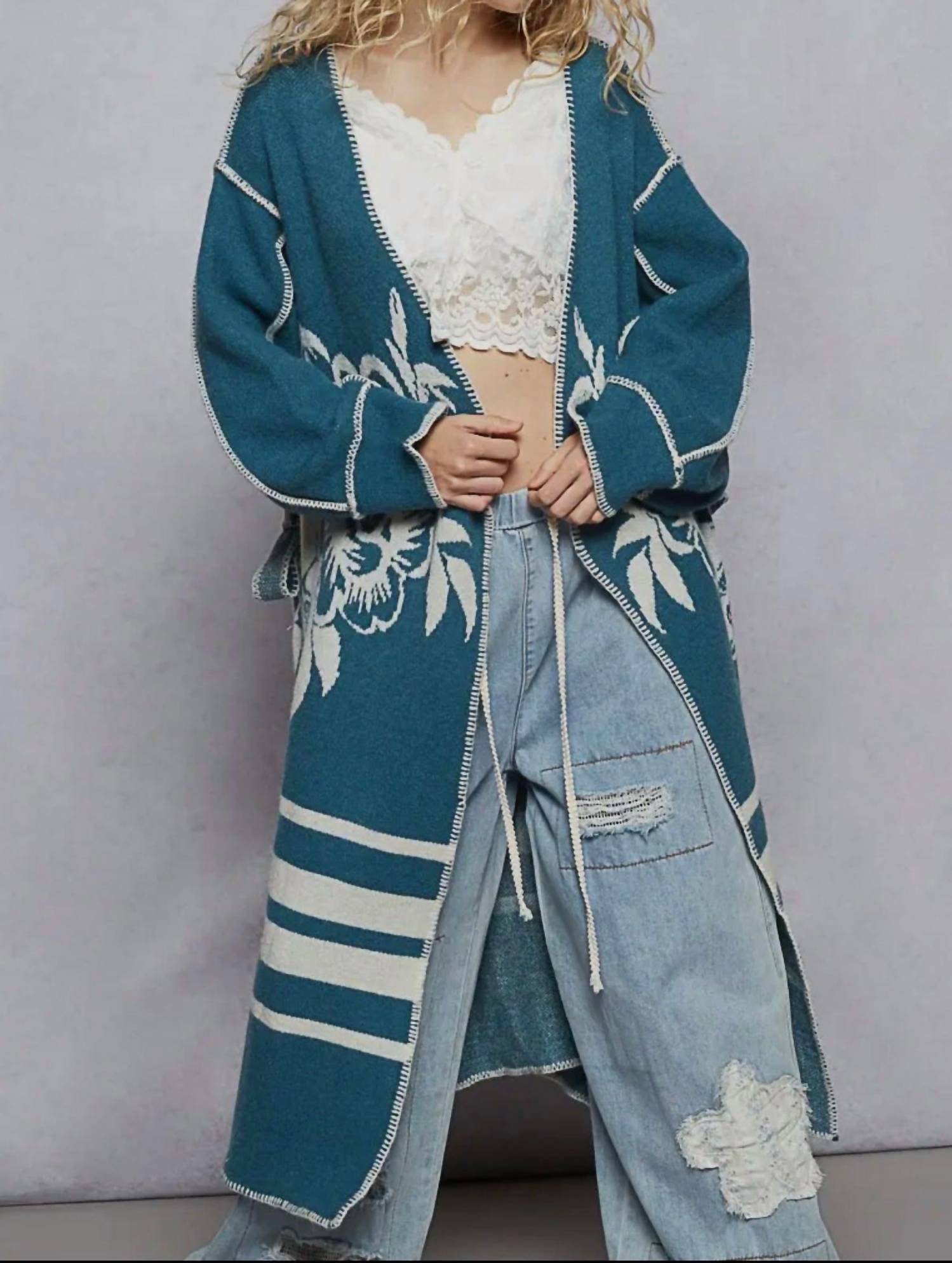 POL Long Floral Wrap Cardigan With Belt in blue - women's cardigan - view 5