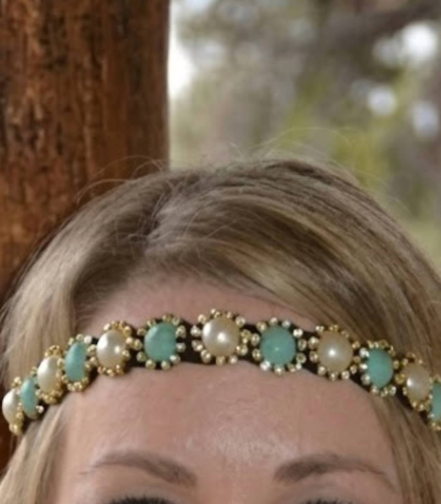 three bird nest Women's Pearl Boho Chic Stretch Headband in turquoise - women's accessory - detail view