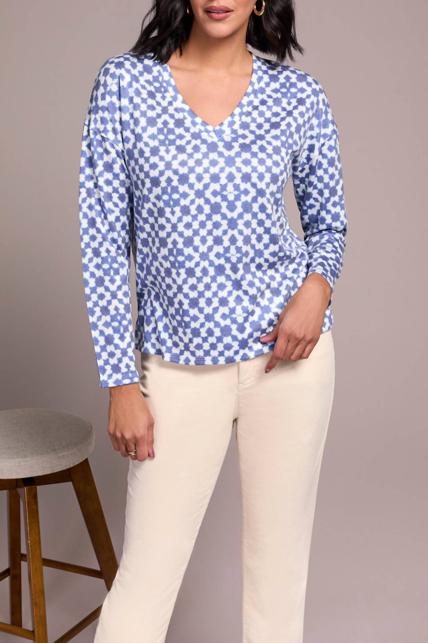 TRIBAL V-neck Knit Top in ultra blue - women's long sleeve top