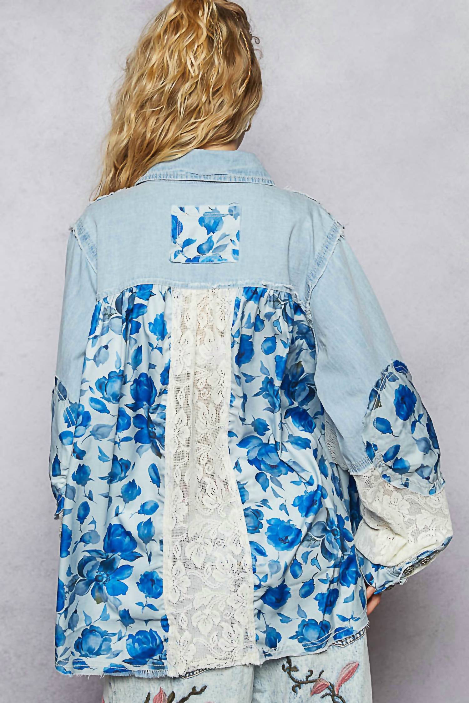 Pol - Patchwork Denim Shirt With Lace Trim Details