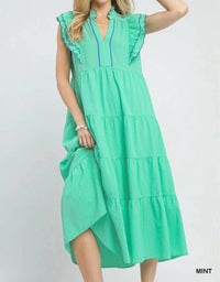 Umgee - Seersucker Ruffle Sleeve Tiered Midi Dress