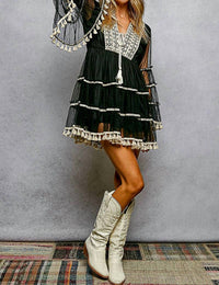 Pol - Split Embroidery Tassel Detail V-Neck Flared Short Dress