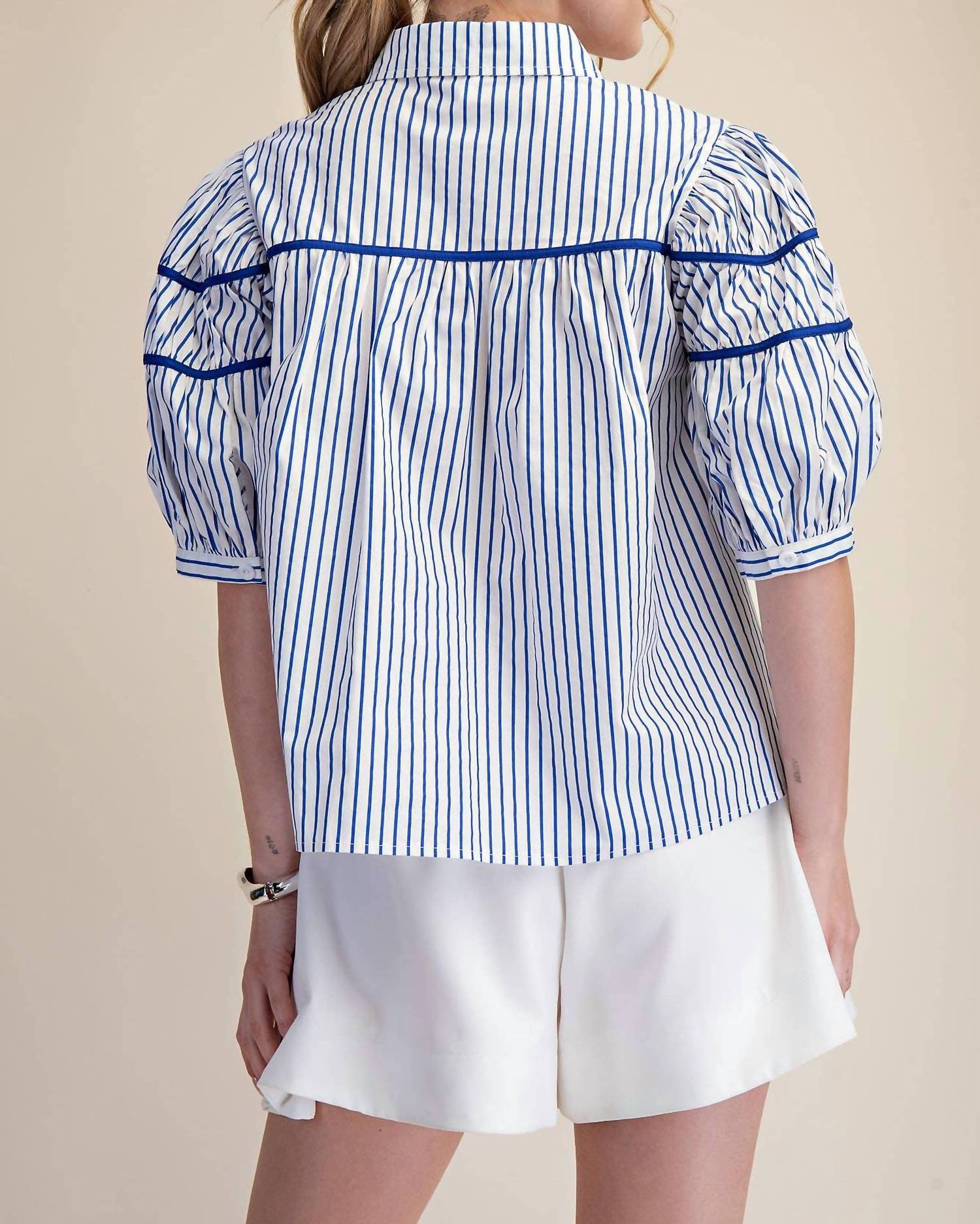 Glam - Puff Sleeve Contrast Detail Stripe Shirt Top