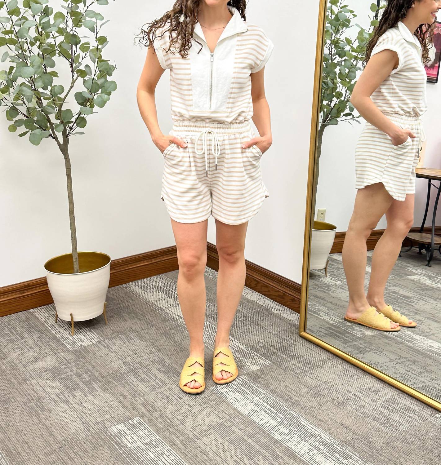 Blu Pepper - Neutral Striped Zip Front Romper