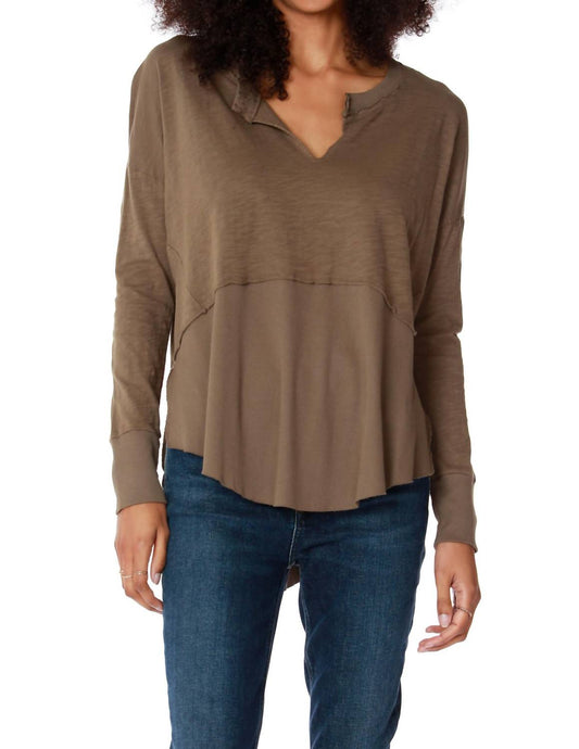 Bobi - Rib Mixed Fabic Split Neck Top