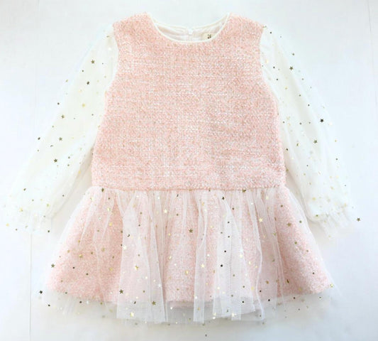 Star Mesh Long Sleeve Tweed Dress