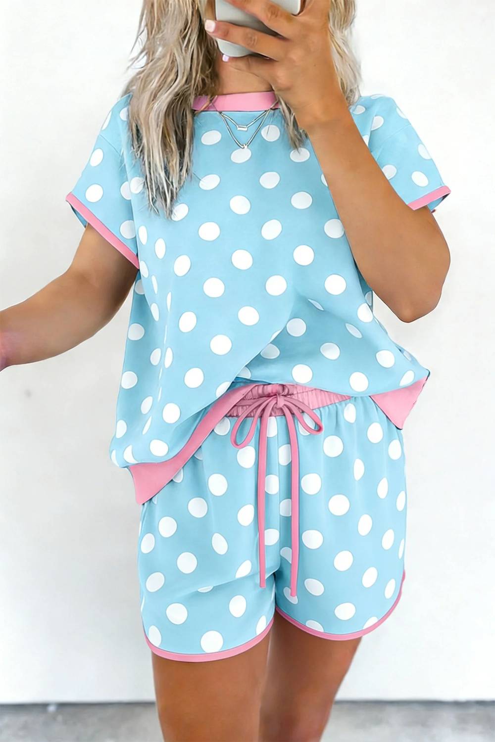 Shewin - Polka Dot Contrast Edge Casual Shorts Set