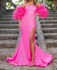 Ava Presley - Fitted Evening Gown With Feather Detailing
