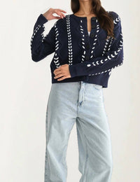 Knit & Lounge - Button Front Cardigan with White Stitch Detailing