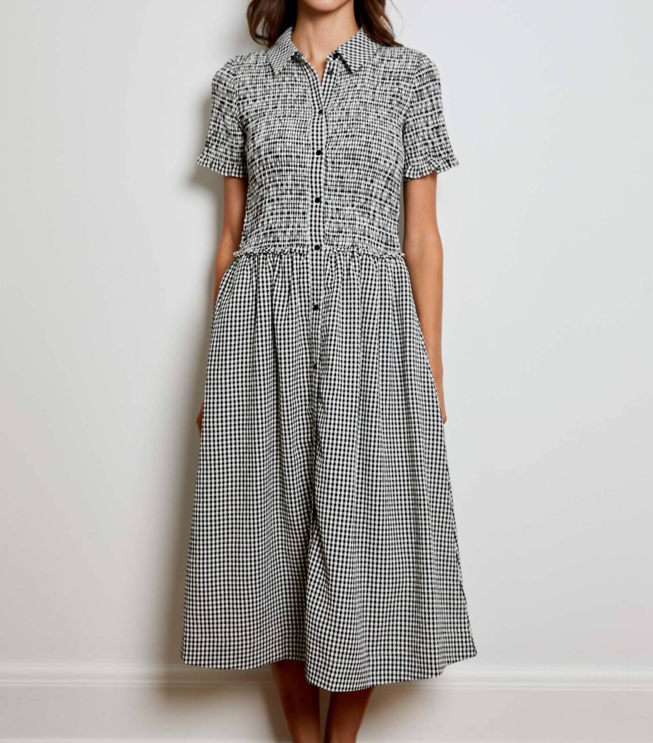DESIGN HISTORY Smocked Gingham Midi Dress in black combo - women's dress