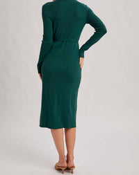 Bluivy - Ribbed Knit V-neck Wrapped Midi Dress