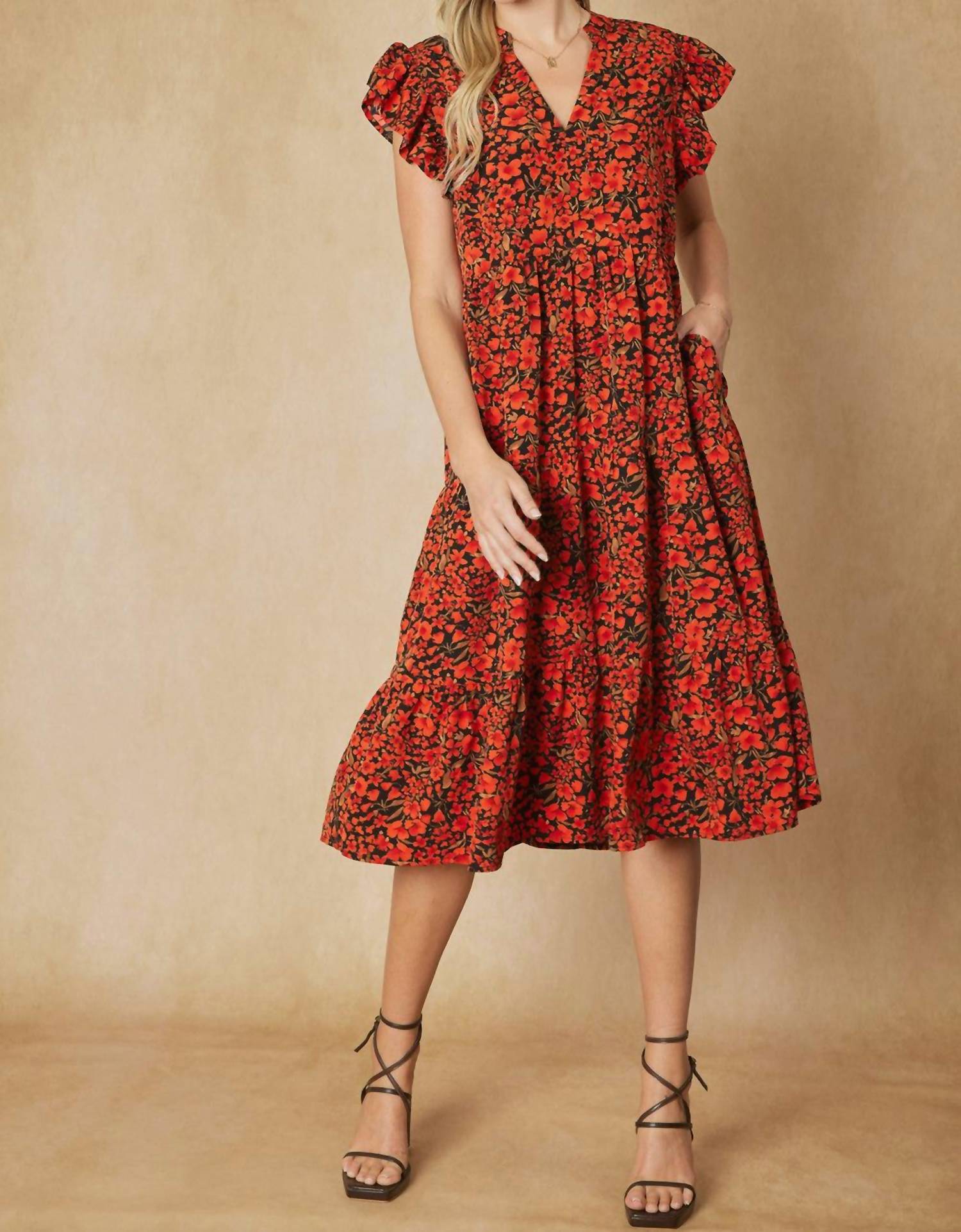 entro Floral Tiered Ruffle Midi Dress in black - women's dress - view 6