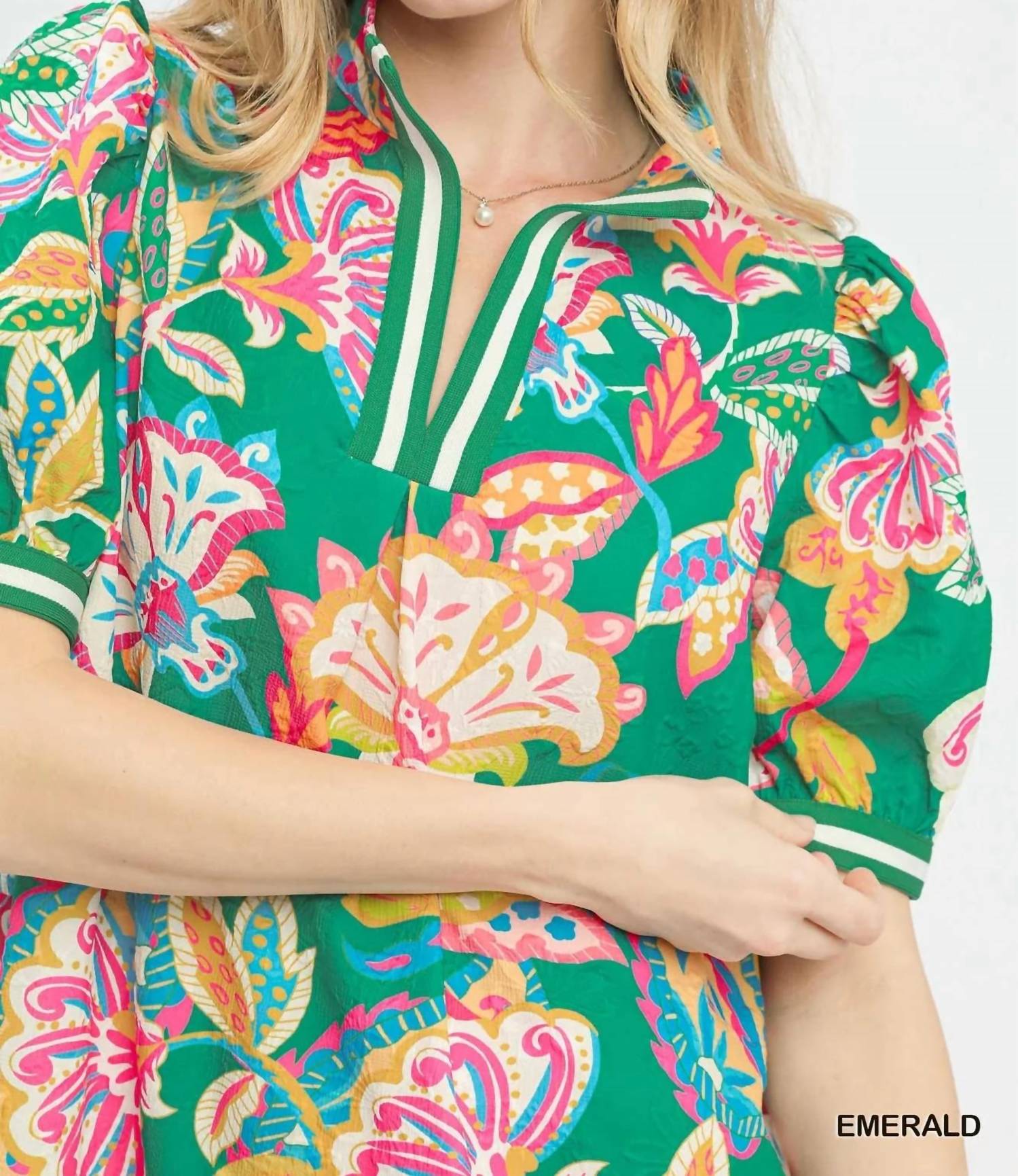 Umgee - Jacquard Paisley Print Puff Sleeve Mini Tunic Dress