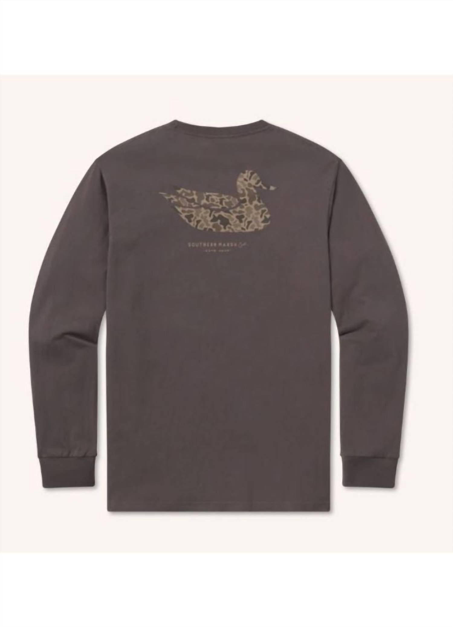Southern Marsh Men's Duck Originals Camo Long Sleeve Tee in iron grey - men's long sleeve top - detail view