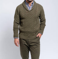 SMF Shawl Collar Pullover Cable Knit Sweater in green - men's sweater