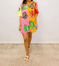 Queen Of Sparkles - Colorblock Cotton Palm Leaf Short Sleeve Dress