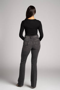 MAJESTIC FILATURES Soft Touch Merrow Edge Crewneck Tee in noir - women's long sleeve top - detail view