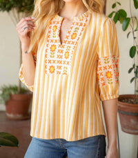 Voy - Stripe and Floral Pattern Mixed Knit Top