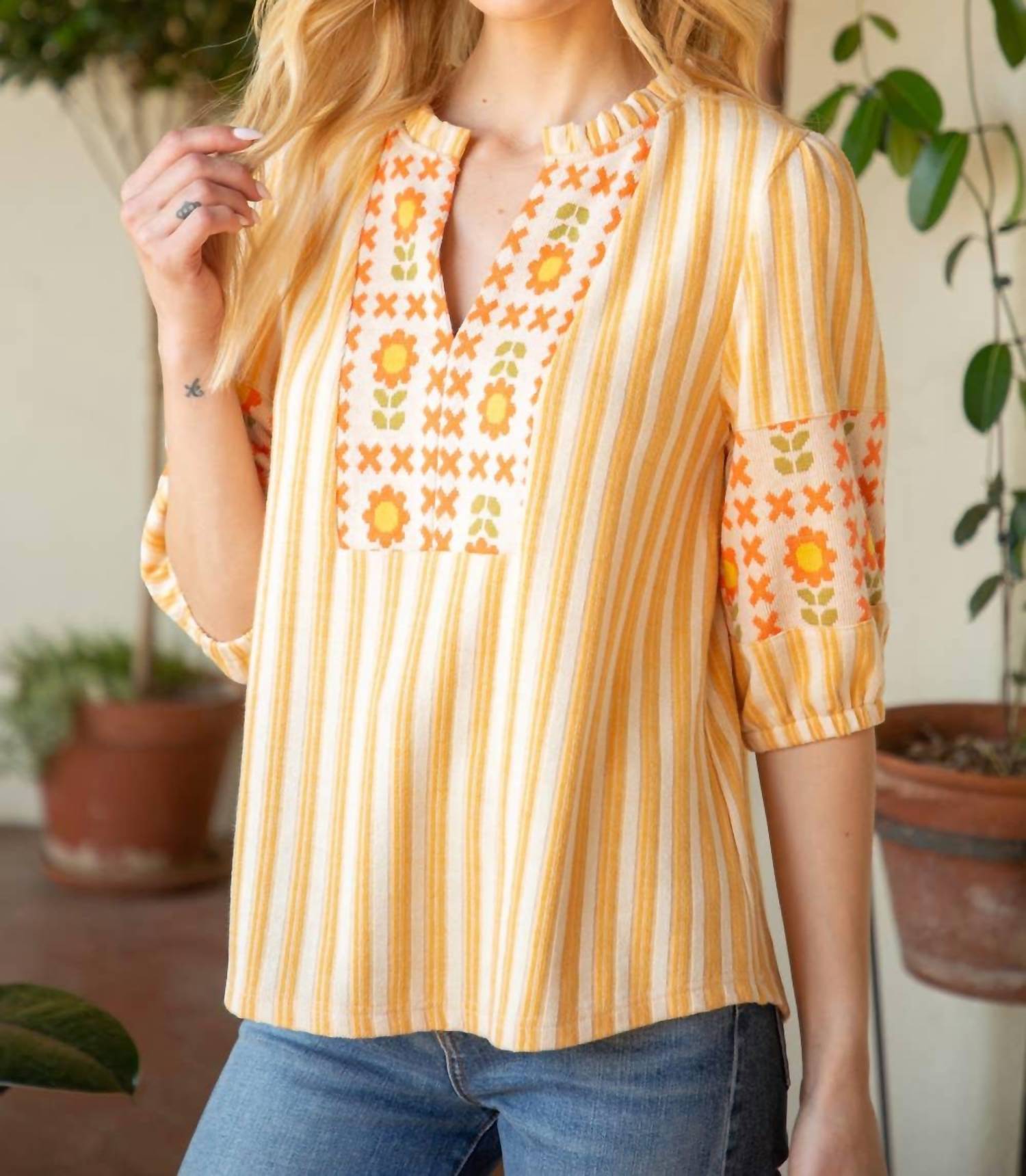 Voy - Stripe and Floral Pattern Mixed Knit Top