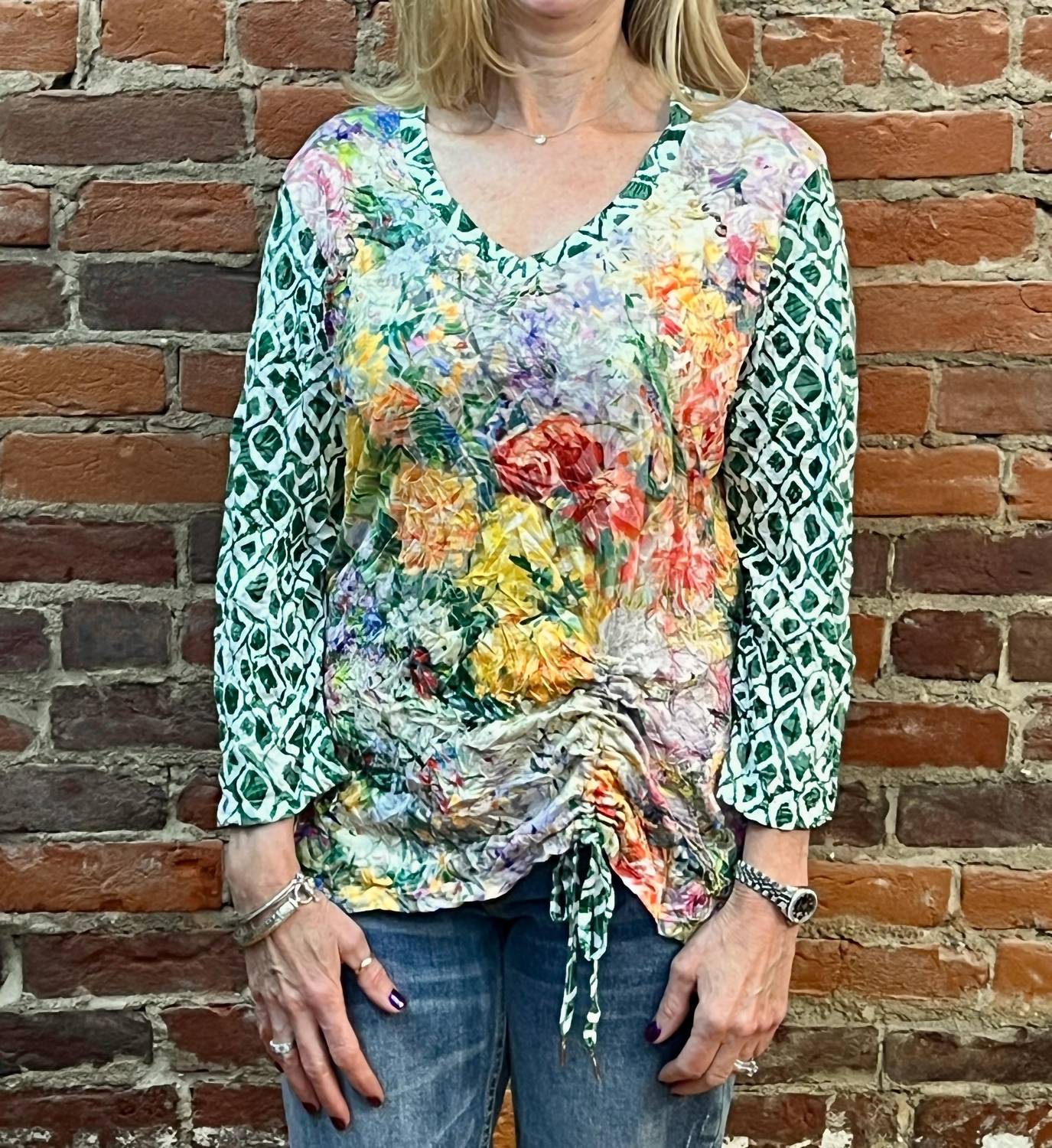Shana Apparel - Crinkle Mix Media With Drawstring Detail Top
