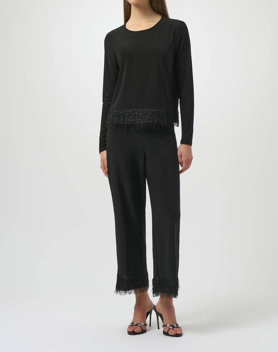 Joseph Ribkoff Silky Knit Top with Novelty Fringe Hem in black - women's long sleeve top - view 4