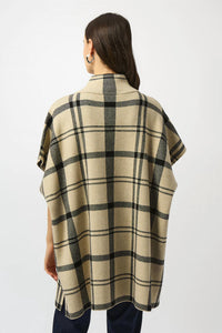 Joseph Ribkoff Plaid Poncho Top in champagne black - women's blouse - detail view