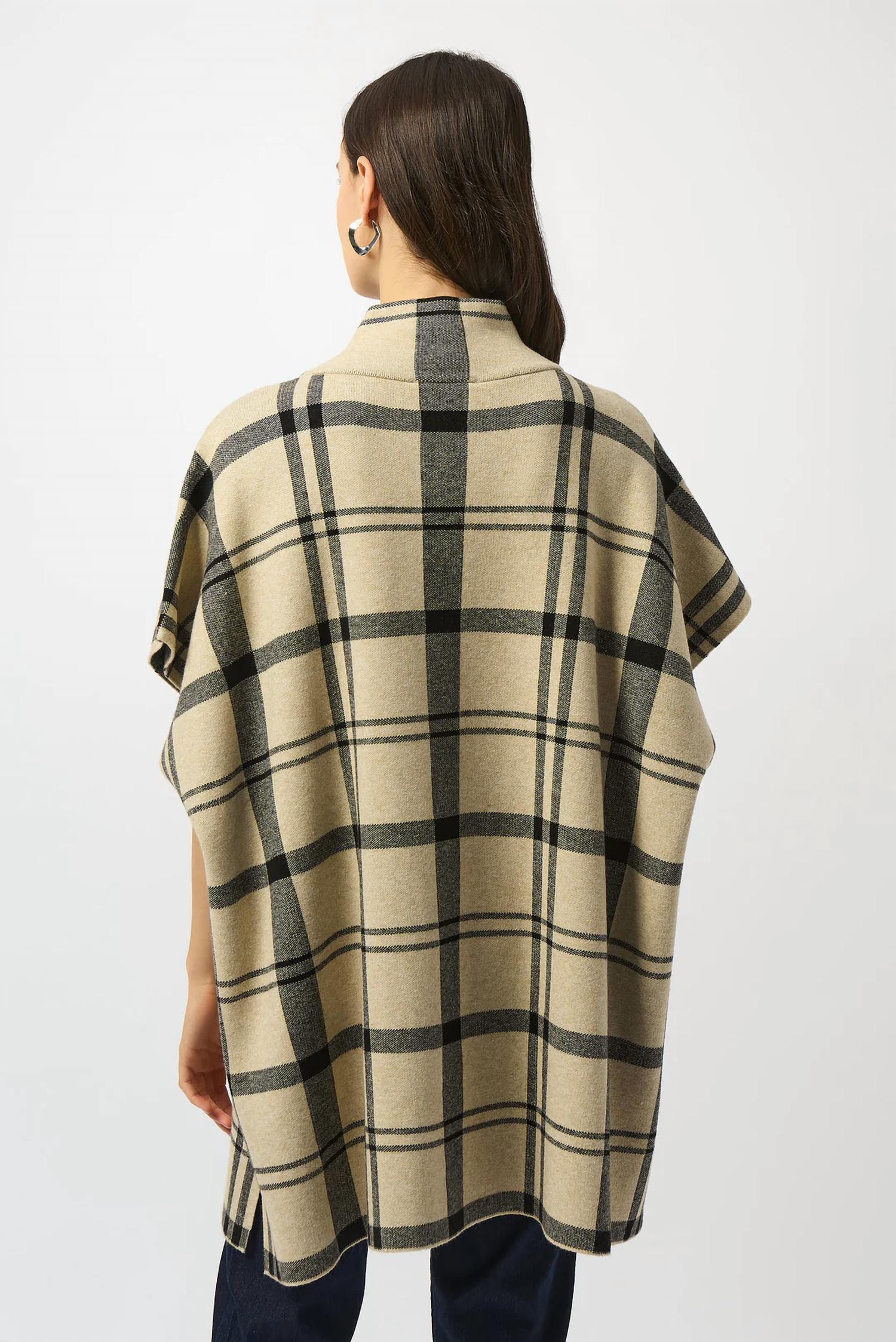 Joseph Ribkoff Plaid Poncho Top in champagne black - women's blouse - detail view
