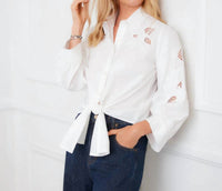 Karen Kane - Blouson Sleeve Embroidered Tie-Front Top