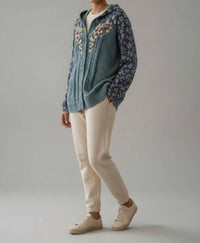 Pol - Embroidered Cable Knit Floral Hoodie Cardigan