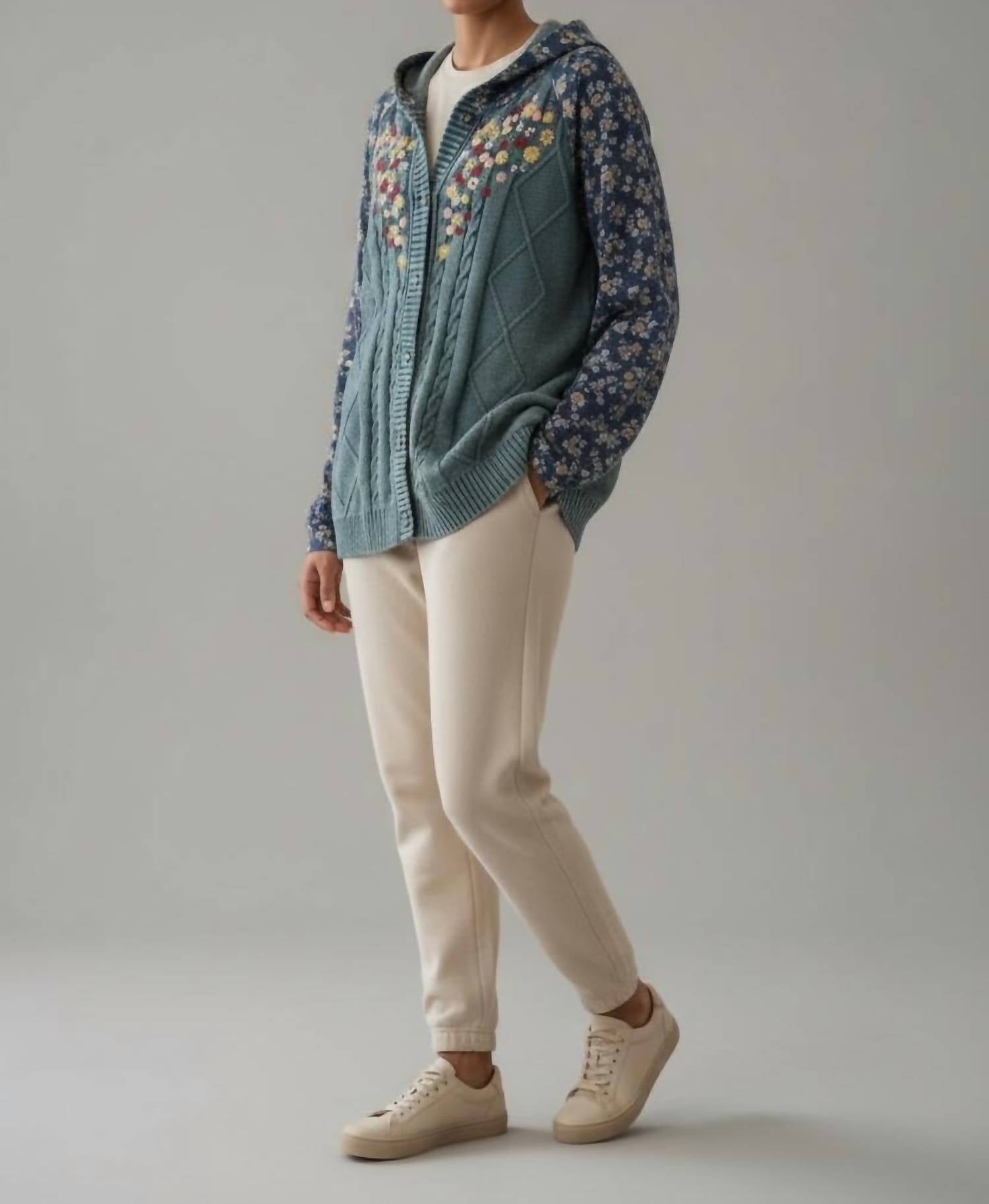 Pol - Embroidered Cable Knit Floral Hoodie Cardigan