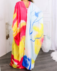 Surelymine - Colorburst Abstract Kimono Maxi Dress Flowy V-neck Style