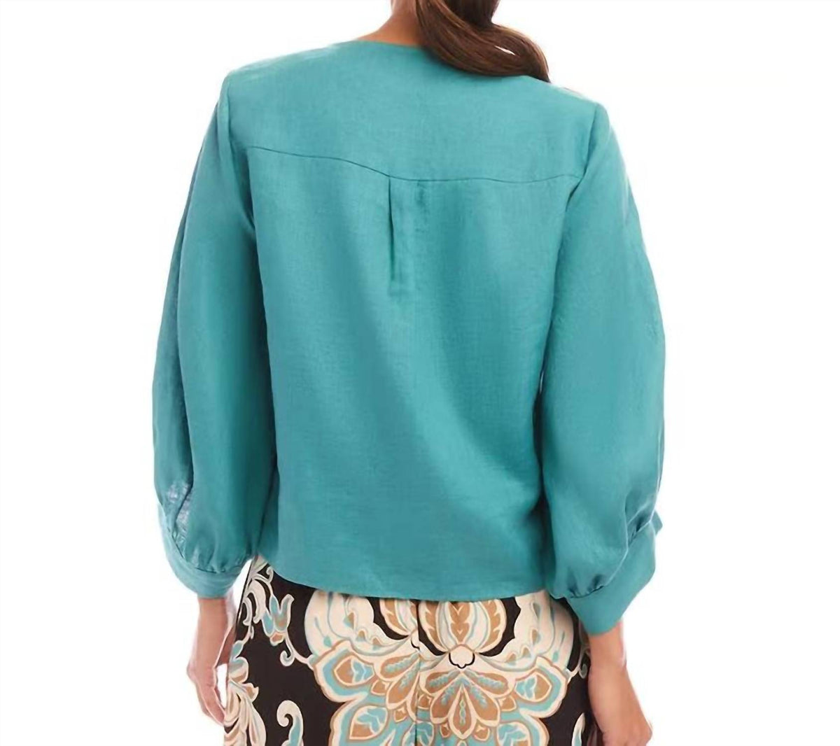 Karen Kane Bobbi Blouson Sleeve Linen Tie-front Top in aqua - women's blouse - detail view
