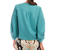 Karen Kane Bobbi Blouson Sleeve Linen Tie-front Top in aqua - women's blouse - detail view