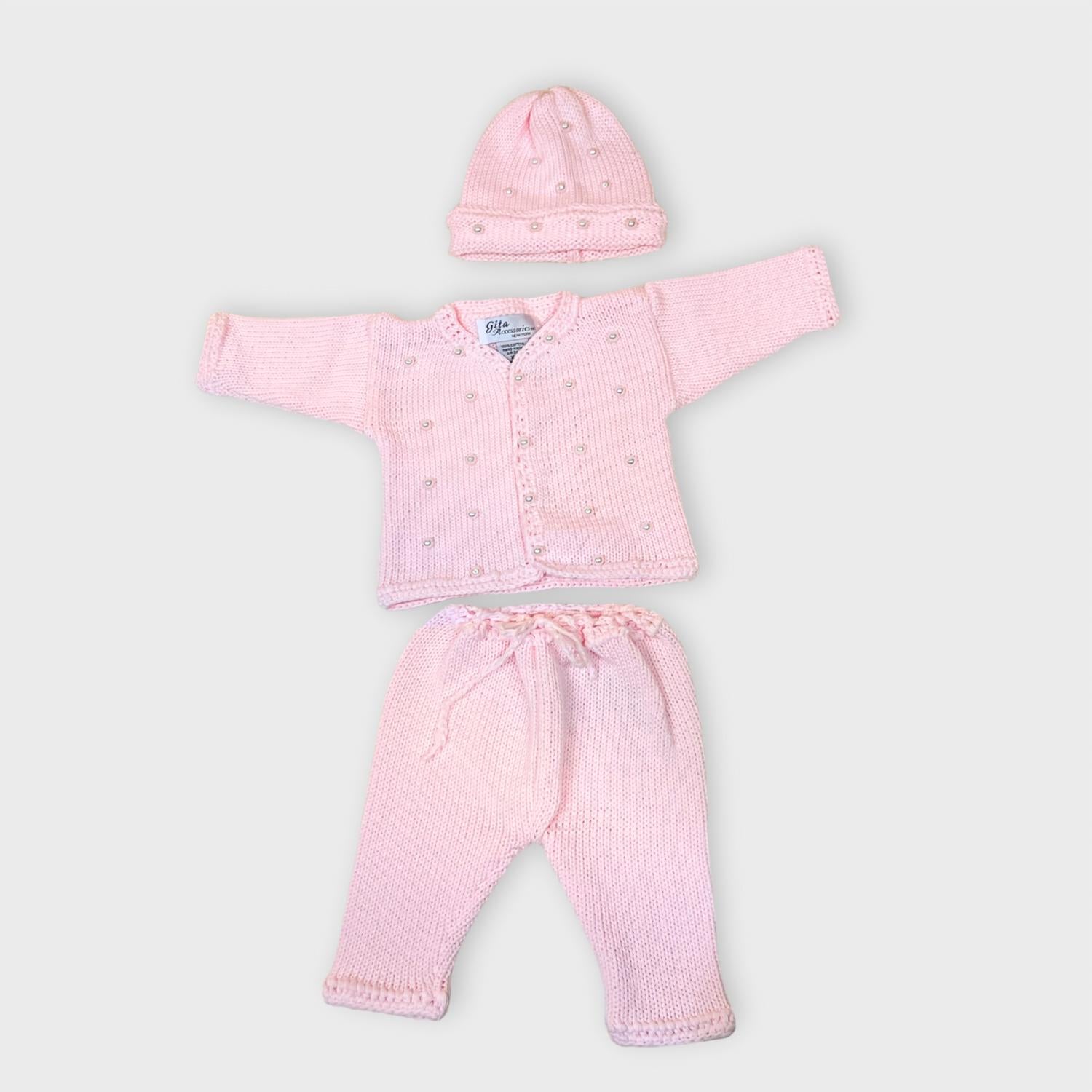 Gita - Girl's 2pc Pink Cotton Sweater With Pearls & Hat