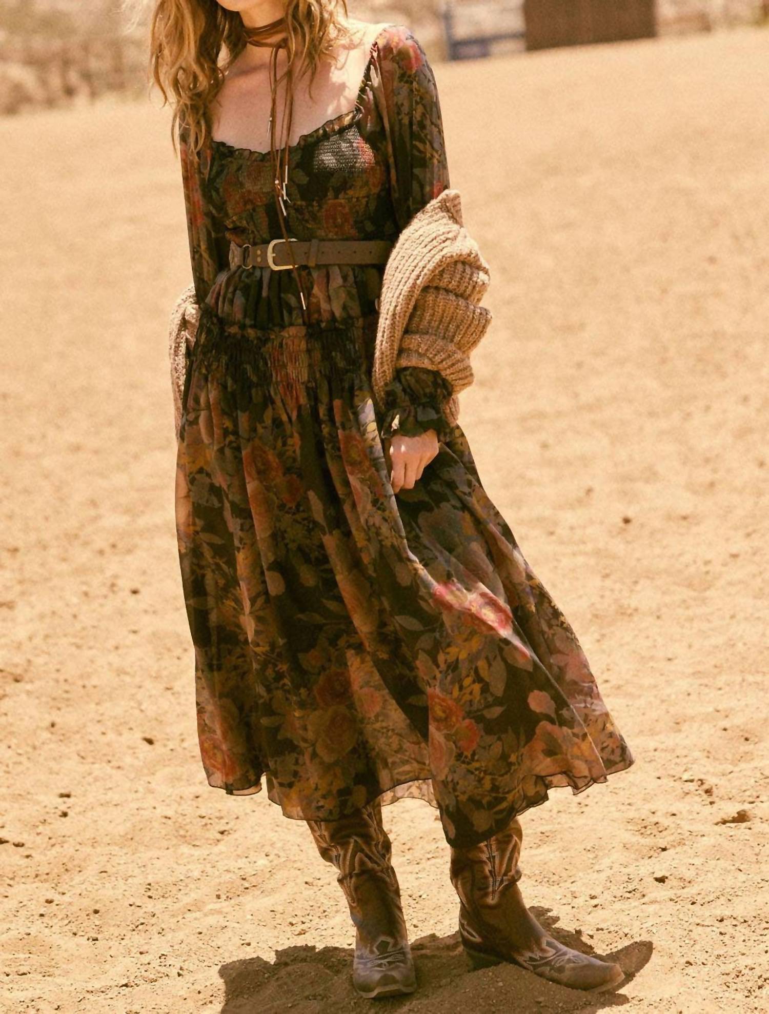 Promesa - Floral-print Smocked Bubble Sleeve Maxi Dress