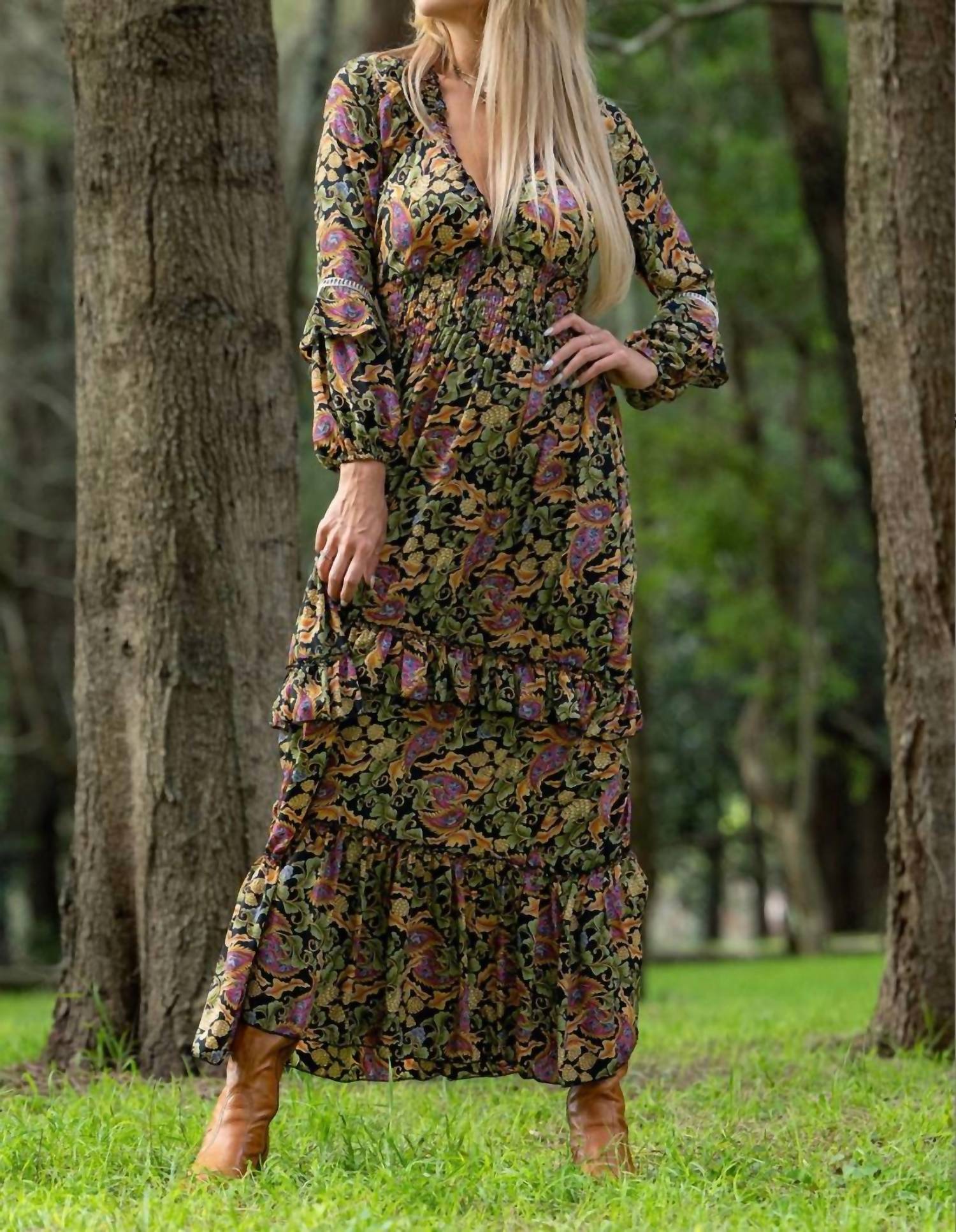 Cienna Verona Boho Maxi Dress in green multi - women's dress