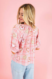 Queen Of Sparkles - Plaid Heart Cookies Button Up Top