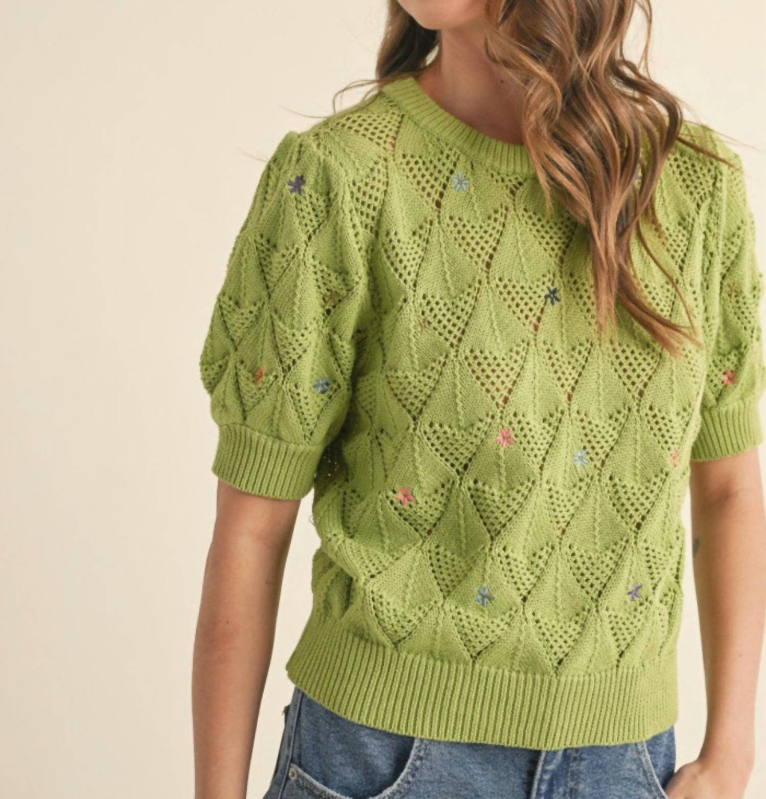 &Merci - embroidered flower short sleeve sweater