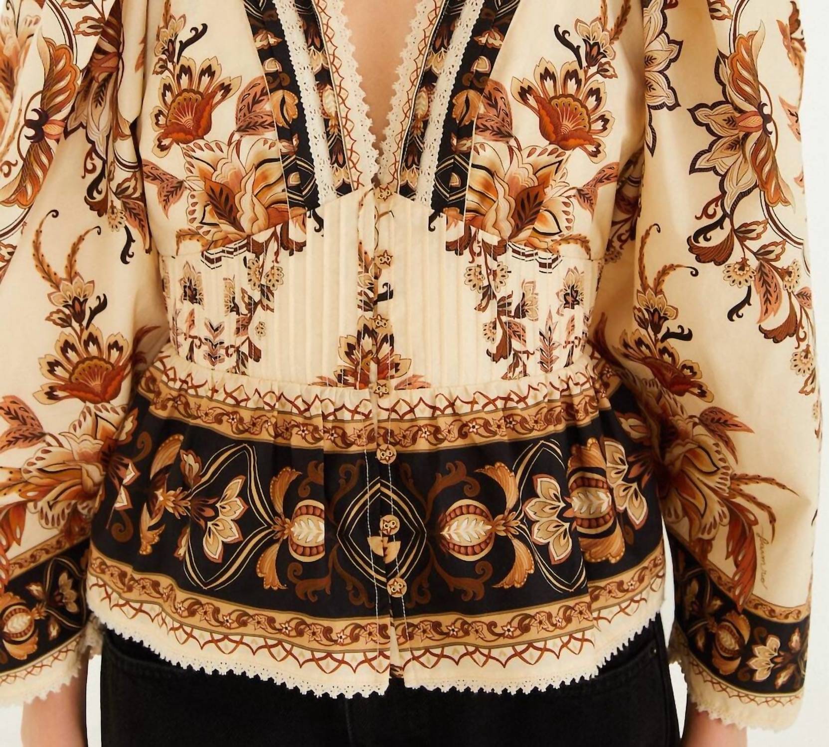 FARM RIO Lace Puff Sleeve Blouse in majestic garden sand - women's blouse - detail view