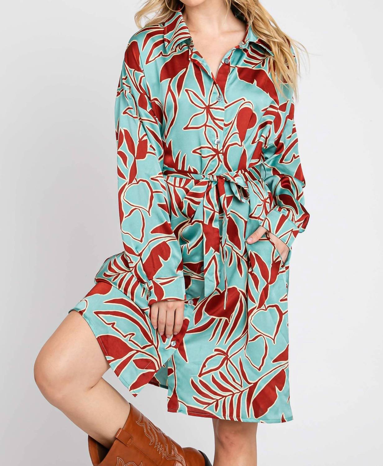 Elleborn - Printed Satin Midi Shirt Dress