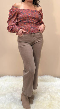 Umorger - Floral Print Smocked Long Sleeve Top