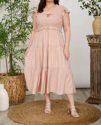 Blu Pepper - Smocked Front Tie Ruffle Detail Tiered Midi Dress - Plus