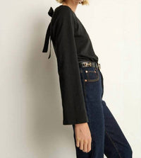 Nation LTD Tavin Tie Back Long Sleeve Top in jet black - women's blouse - detail view