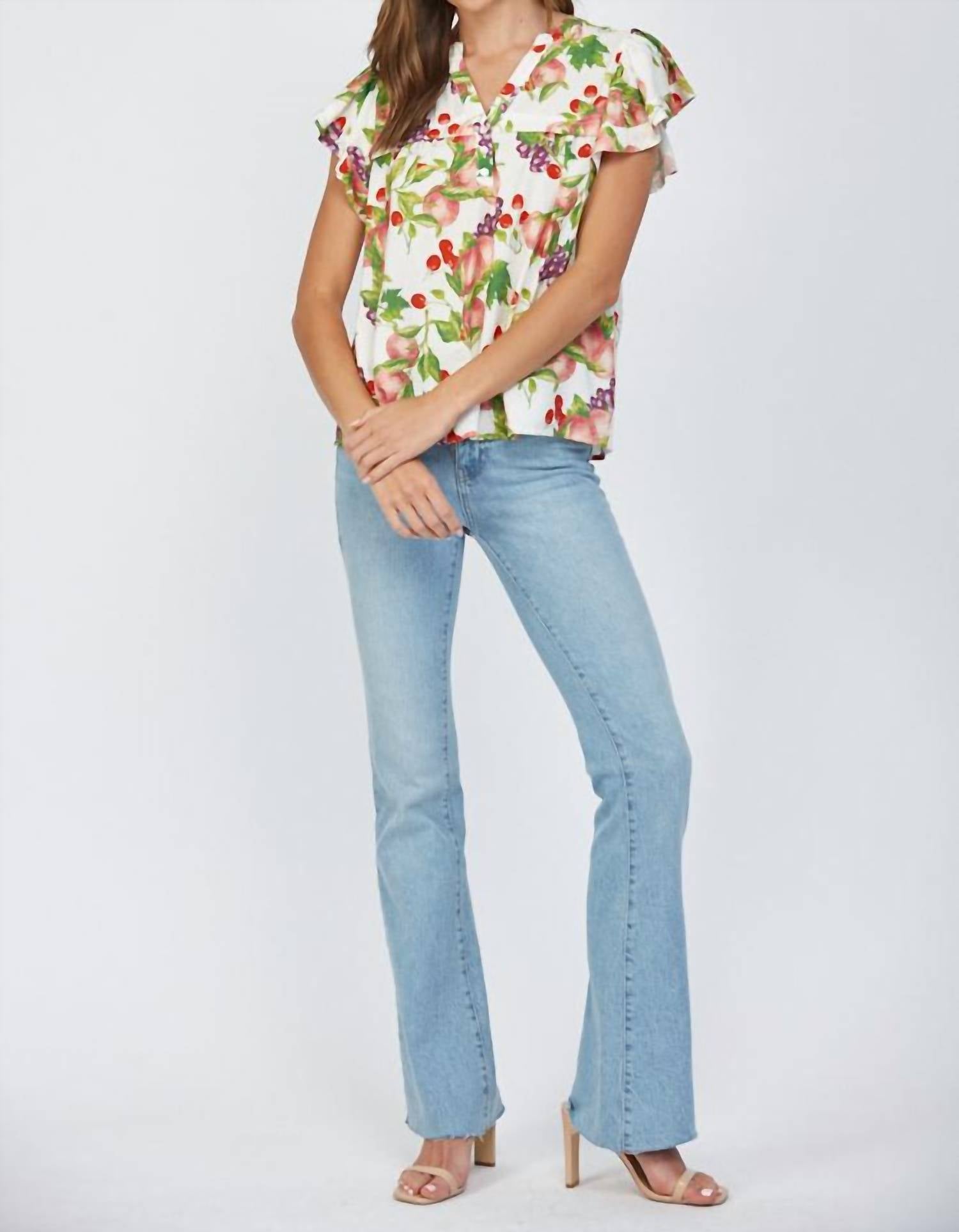 Fate Fruit Print Flutter Sleeve Split Neck Top in cream multi - women's blouse - view 5