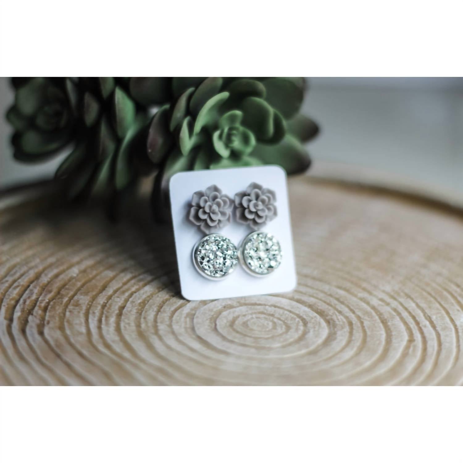Urban Gemms - Women's Succulent & Druzy Stud Earring Set