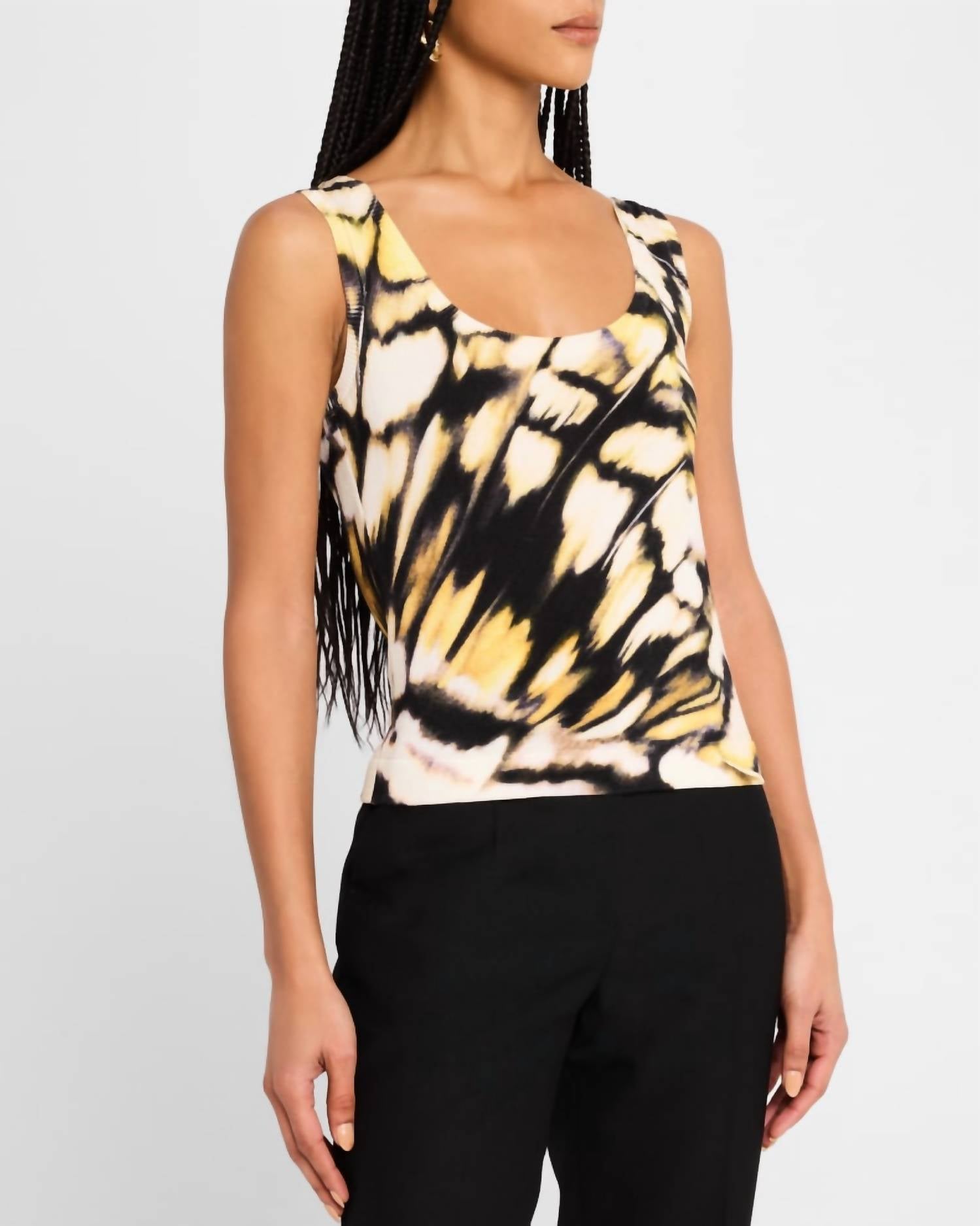 Oscar de la Renta Butterfly Printed Scoop Neck Tank in black multi - women's tank top